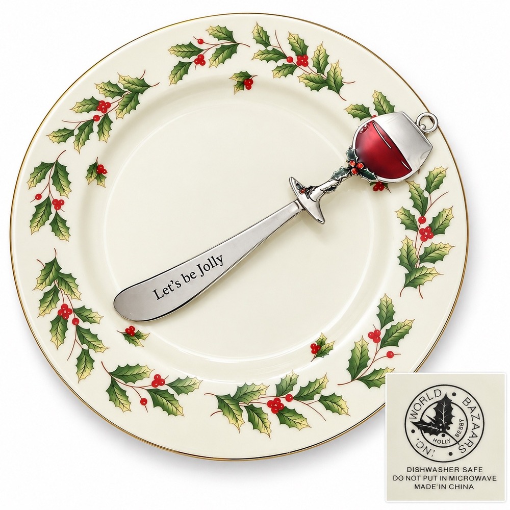 World Bazaars Holly Berry Plate and Wine Glass Spreader Set Christmas Holiday